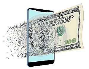 A one hundred dollar bill breaks into pixels as it flies through a cell phone.