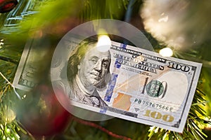 One hundred dollar bill on a christmas tree branch. Concept.