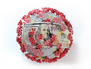 One hundred dollar bill on coronavirus. Economic crisis