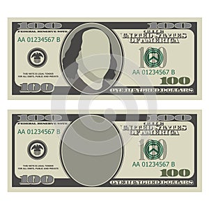 One hundred dollar bill design template. 100 dollars banknote, front side with and without president