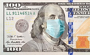 One Hundred Dollar Bill With Medical Face Mask on Benjamin Franklin