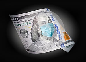 One Hundred Dollar Bill With Medical Face Mask on Benjamin Franklin