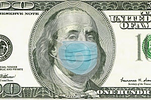 One Hundred Dollar Bill With Medical Face Mask on Benjamin Franklin