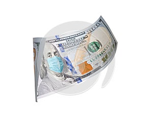 One Hundred Dollar Bill With Medical Face Mask on Benjamin Franklin Isolated on White