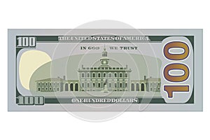 One hundred dollar bill, new design. 100 US dollars banknote, reverse side. Vector illustration of USD on a white