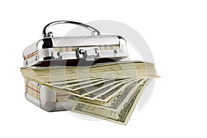 One hundred dollar bills in a box on a white