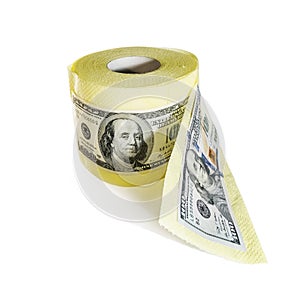 One hundred dollar bills on a roll of toilet paper