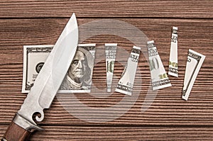 A one hundred dollar denomination cut into pieces using a knife against the background photo