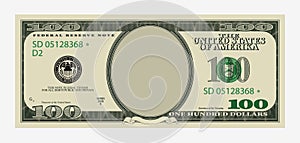 One hundred dollars bill template. American banknote with empty portrait center.