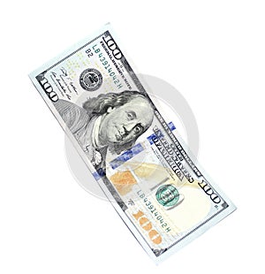 One hundred dollars and one dollar closeup on white background
