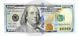 One hundred dollars and one dollar closeup on white background photo