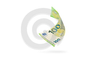 One hundred euro banknote isolated on white background. European money folded in half, close-up of money casts a shadow.