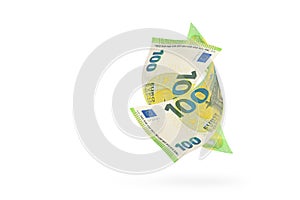 One hundred euro banknote isolated on white background. European money folded in half, close-up of money casts a shadow
