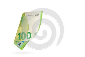 One hundred euro banknote isolated on white background. European money folded in half, close-up of money casts a shadow.