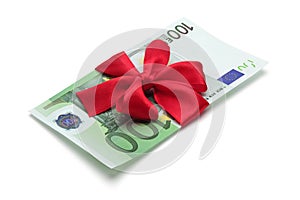 One hundred euro banknote with red bow.