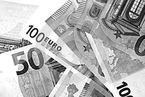 One Hundred and Fifty euro banknotes in black and white style