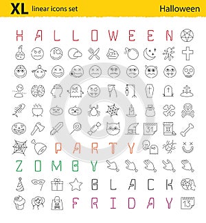 One hundred Halloween thematic vector linear icons set