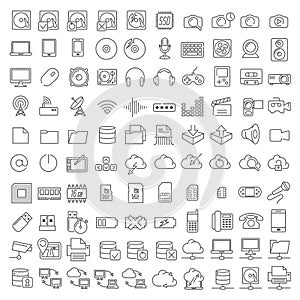 One hundred icons of electronics and digital devices