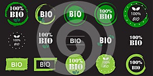 One hundred percent bio symbol set. Natural food logo. Black background. Health care. Vector illustration. Stock image.