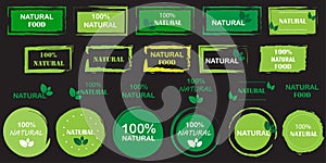 One hundred percent natural emblem set. Black background. Healthy food concept. Vector illustration. Stock image.