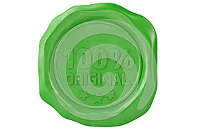 One hundred percent original green wax seal.3D illustration.