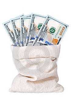 One hundred us dollar banknotes in burlap sack white background isolated close up, 100 american dollars fan in bagful, moneybag