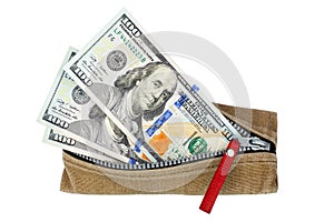 One hundred us dollar banknotes in open wallet with zipper on white background isolated close up top view, dollar bills in purse