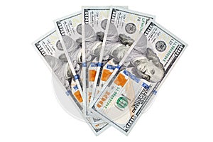 One hundred us dollar banknotes on white background isolated close up, 100 american dollars fan, fanned cash paper money bundle