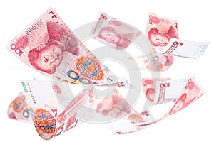 One hundred yuan banknotes falling together, Renminbi or rmb, Chinese money, falling, invasion of the Chinese economy