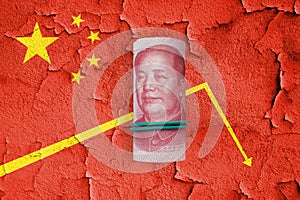 One hundred yuan note on China flag background