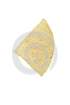 One isolated nacho chip on white