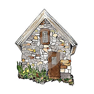 one isolated watercolor small stone old village house on a white background.