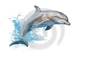 one jumping dolphin is isolated on a white background. Mammal marine animal.