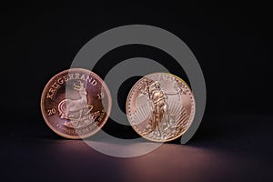 One Krugerrand and a dollar gold coin stand side by side on a dark background