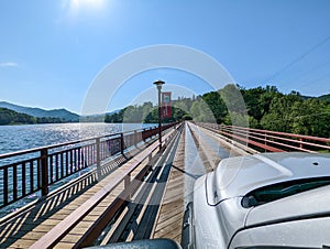One lane bridge on Lake Junaluska`s Dam in Asheville, Haywood County, North Carolina