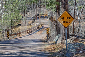 One Lane Bridge Warning Sign. Payson, Gila County, Tonto National Forest, Arizona USA