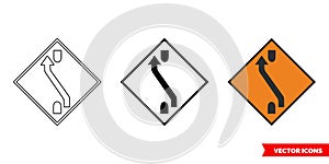 One lane crossover Back roadworks sign icon of 3 types color, black and white, outline. Isolated vector sign symbol