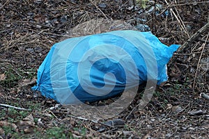 One large ragged blue plastic bag with garbage