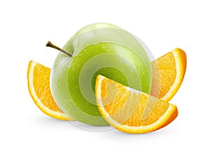 One large whole apple with stem and several orange slices isolated on white background. Fruit composition.