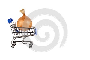 One large yellow onion in a husk in a shopping cart, white isolated background
