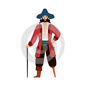 One-legged pirate or corsair in hat, flat vector illustration isolated.