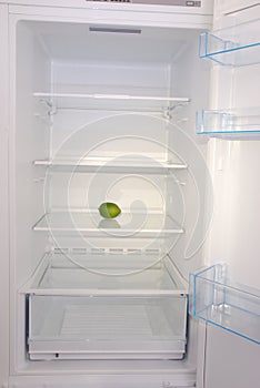 One lemon in open empty refrigerator.