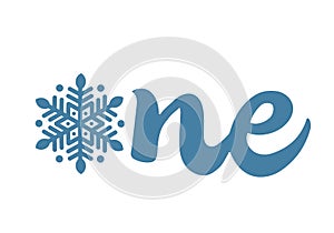 One lettering with snowflake. Winter theme baby first birthday. Vector template for typography poster, banner, sticker