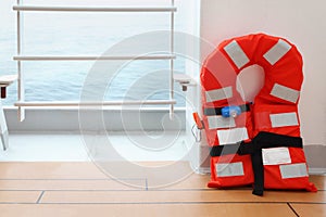 One life jacket stands on deck of cruise liner