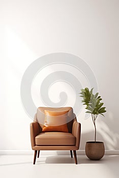 One light brown armchair with a pillow in the living room on a white background, next to a green plant in a pot. Cozy