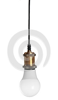 One light bulb hanging on white background