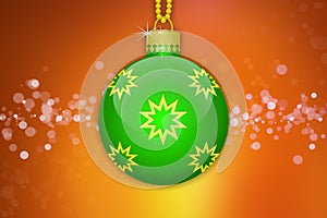 One light green hanging christmas tree ball with golden stars ornaments on a orange background with lens flare