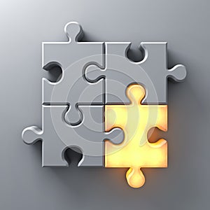 One light jigsaw puzzle piece standing out from the crowd on white wall background with shadow