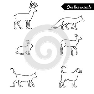 One line animals set, logos vector stock illustration with deer, fox rabbit and other