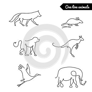 One line animals set, logos vector stock illustration with fox, wolf, kangaroo, monkey, mouse, elephant and other
